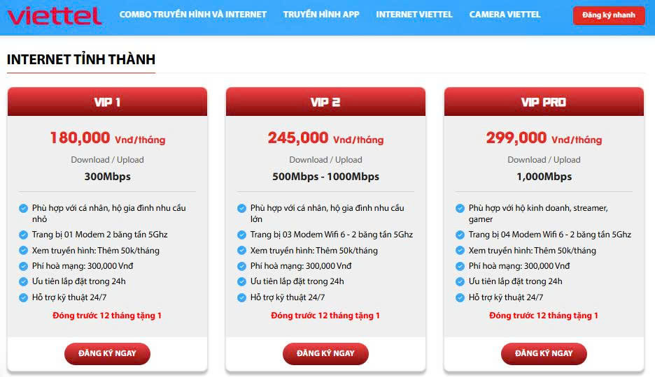 BẢNG GIÁ CƯỚC COMBO VIETTEL